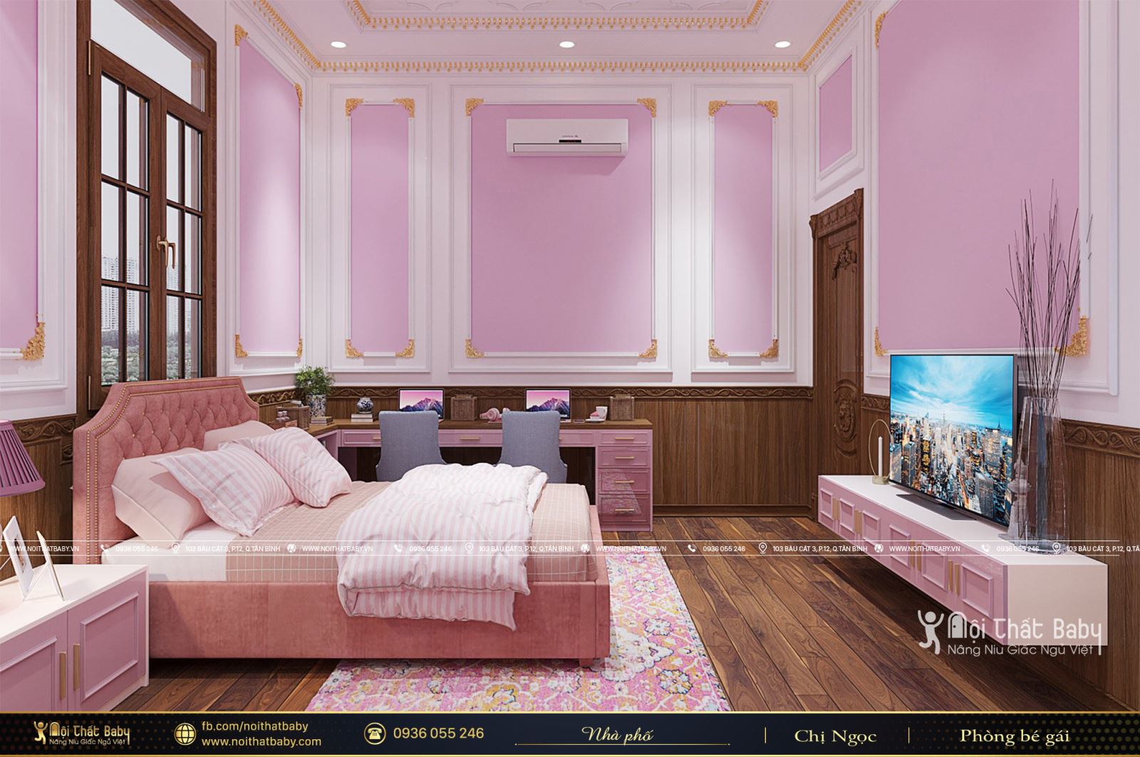 Thiết kế phòng ngủ bé gái màu hồng xinh xắn